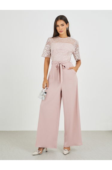 Lace Insert Waist Tie-Up Wide Leg Jumpsuit