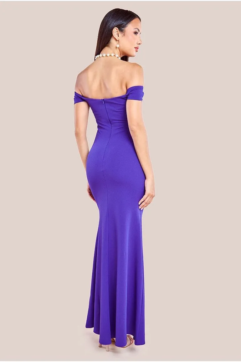 Goddiva Pleated Bardot Scuba Maxi Dress - Purple - 1