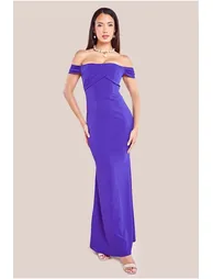 Goddiva Pleated Bardot Scuba Maxi Dress - Purple