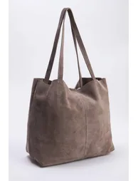 Sand Beige Premium Genuine Leather Suede Women's Maxi Size Shoulder Bag - 1