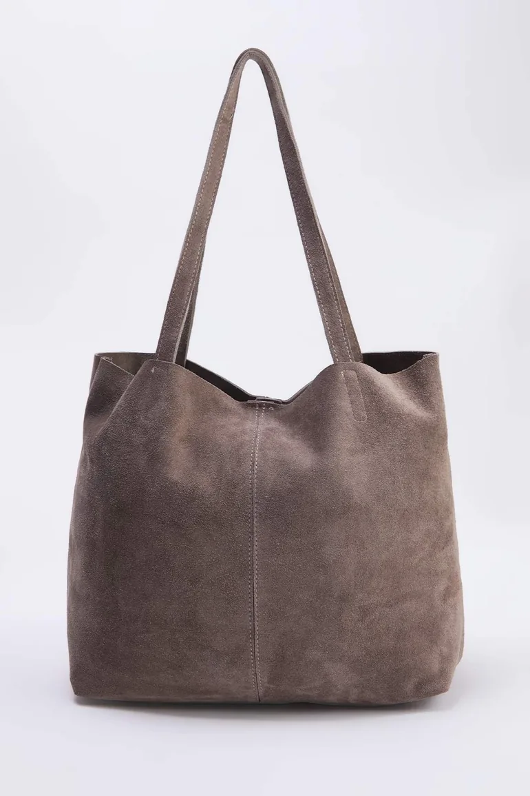 Sand Beige Premium Genuine Leather Suede Women's Maxi Size Shoulder Bag