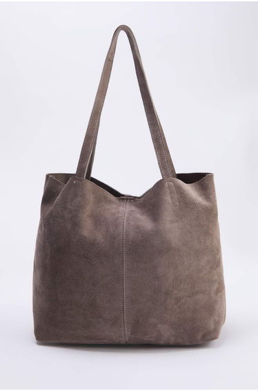 Sand Beige Premium Genuine Leather Suede Women's Maxi Size Shoulder Bag