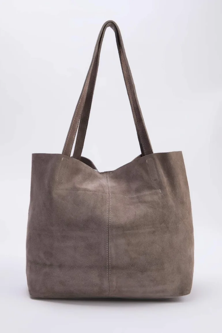 Sand Beige Premium Genuine Leather Suede Women's Maxi Size Shoulder Bag - 2