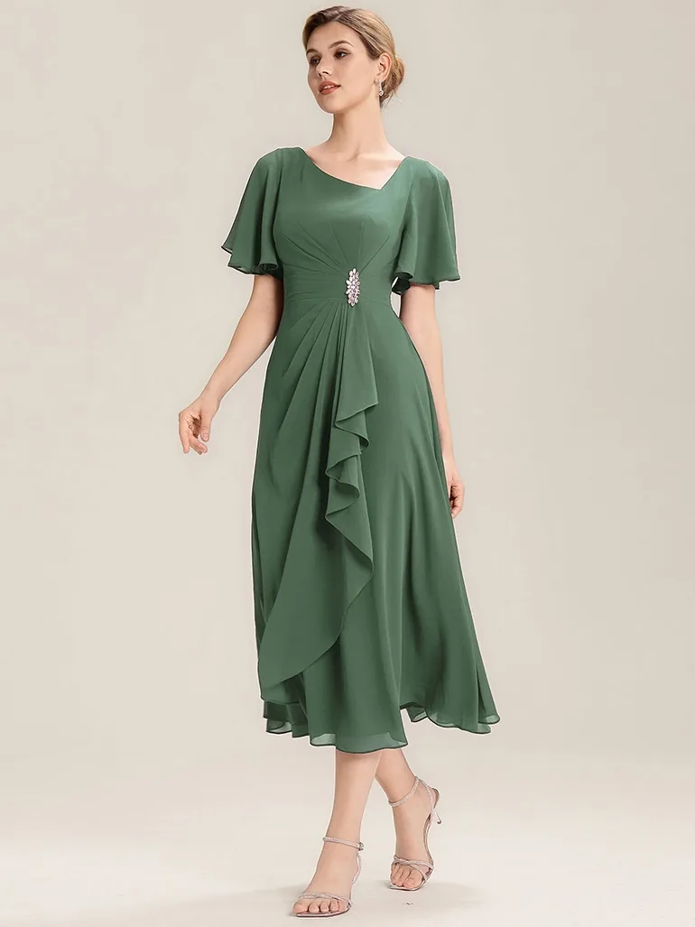 ever LILOU| Pleated Chiffon Ruffle Sleeve Wedding Guest Dress - 3