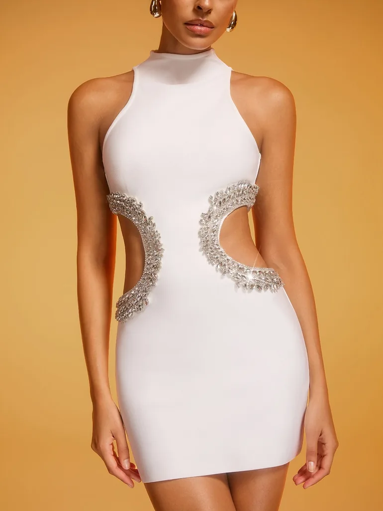 Lenticor Sleeveless Cutout Crystal Mini Dress In White - 6