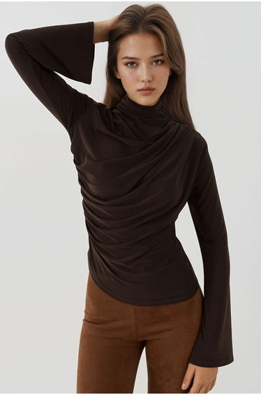 Elegant Long Sleeve Slim Fit Crew Neck Drapped Top