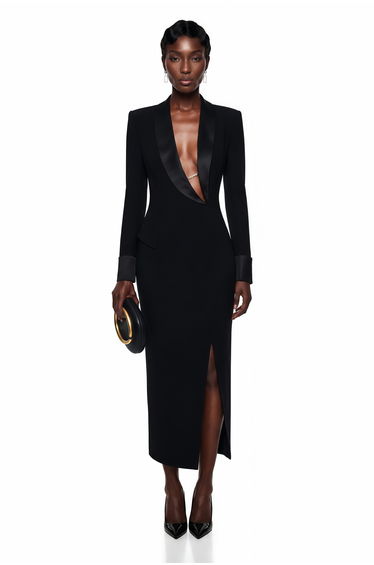Mirela Black Asymmetrical Plunge Neck Midi Dress
