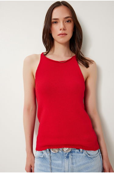 Women's Red Strappy Summer Mercerized Knitwear Blouse