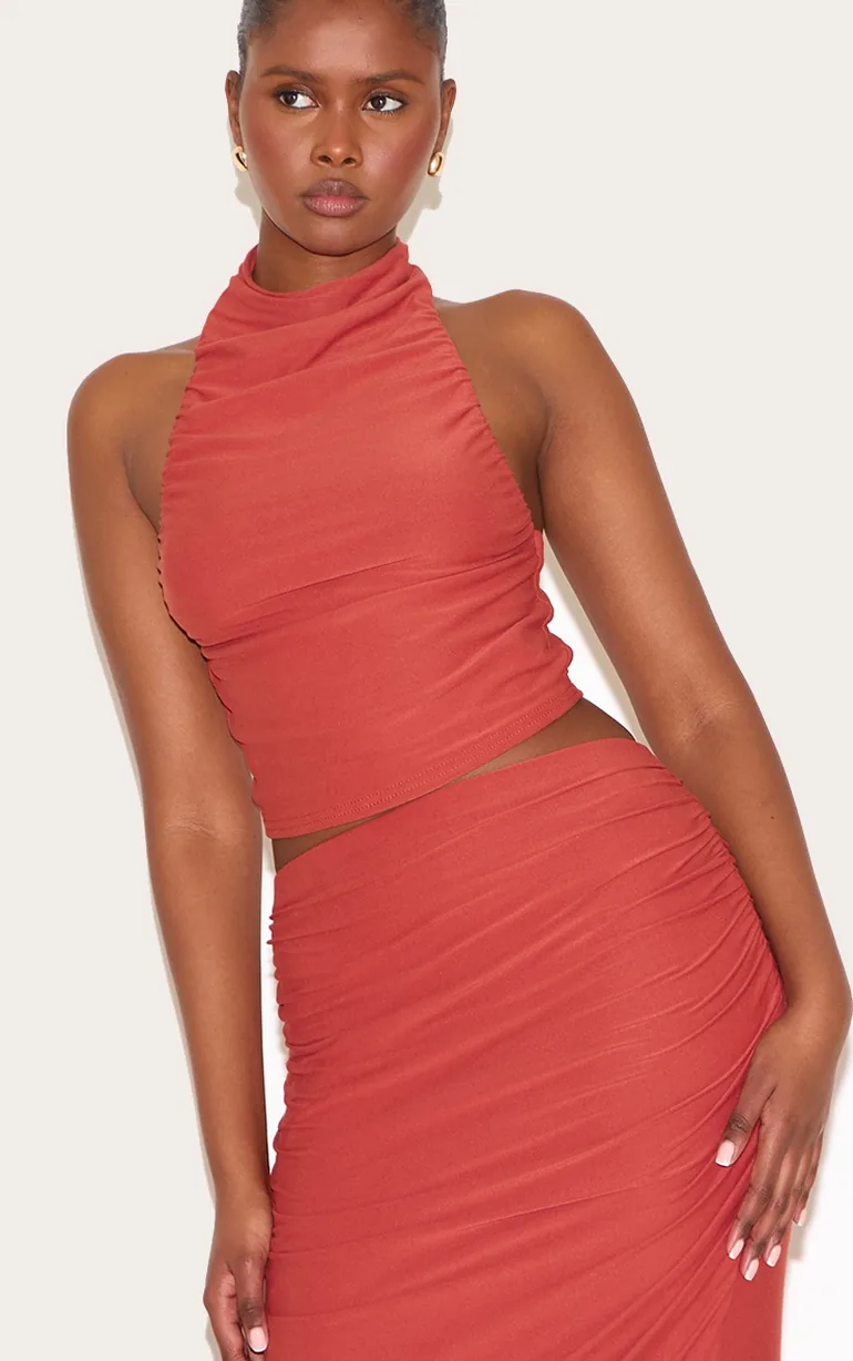 Rust Soft Touch Ruched Maxi Skirt - 3