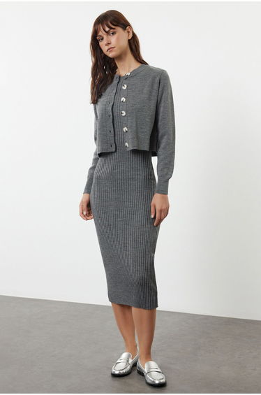 Anthracite Midi Knitwear Basic Cardigan Dress