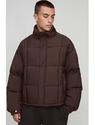 جاكيت منفوخ بقصة عريضة بدرزات بارزة بياقة عالية - بني