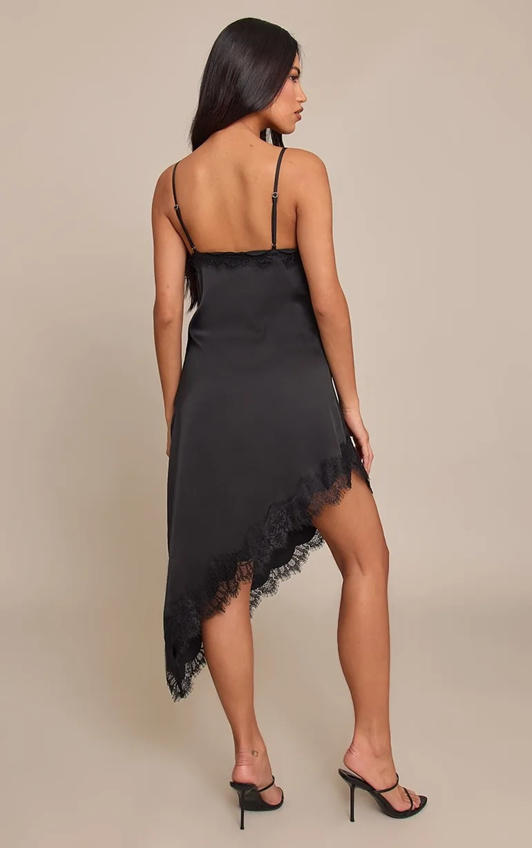 Black Satin Asymmetric Lace Mini Dress - 1