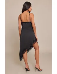 Black Satin Asymmetric Lace Mini Dress - 1