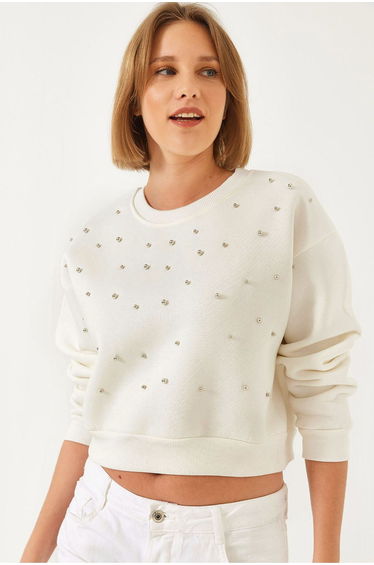 LUCCI Patterned Crew Neck Pullover with Pompom