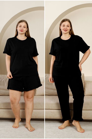 Black Crew Neck Ruffle Detailed 3 Piece Pajama Set