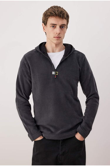 Anthracite slim/narrow cut polar zippered hooded sweatshirt