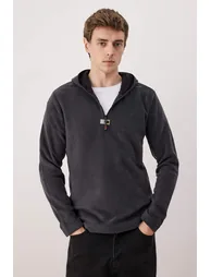 Anthracite slim/narrow cut polar zippered hooded sweatshirt