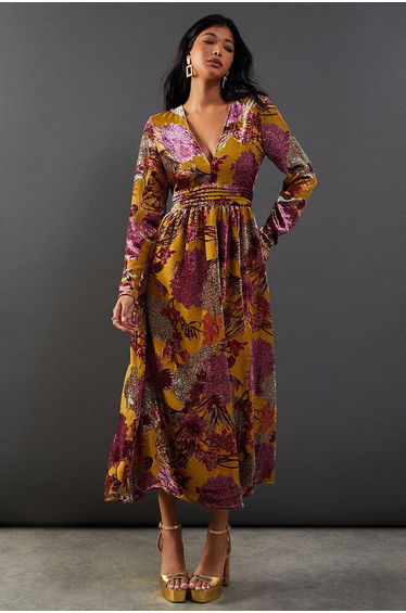 Burnout Devore Plunge Neck Waisted Midaxi Dress