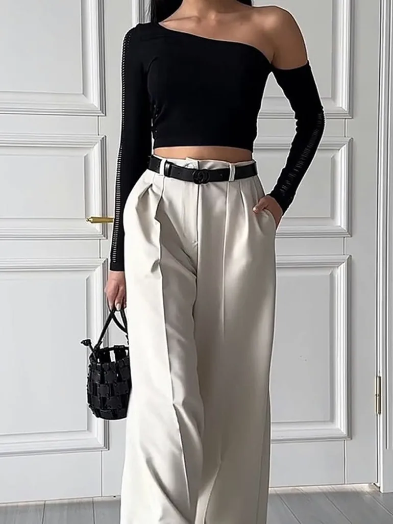 High Waisted Loose Pleated Solid Color Split-Joint Suit Pants Trousers  Uoozee : Trousers : VogaCloset Oman