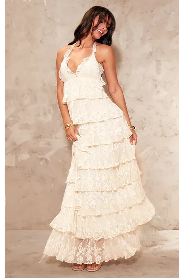 Cream Premium Lace Tiered Ruffle Frill Halterneck Maxi Dress