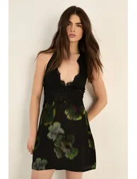 Floral Lace Overlay Halter Neck Mini Dress