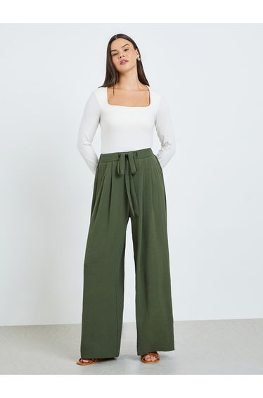 Dark Green Pleated Wide Leg Pants with Drawstring