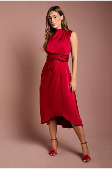 Satin Midi Dress With Twist Waist