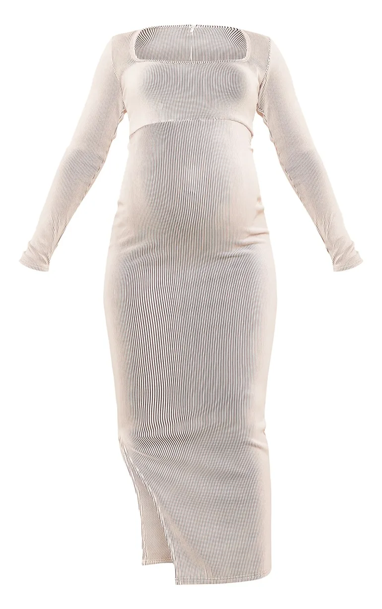 cream ribbed maternity dress Pinkblush Cream Ribbed Knit Fitted Maternity Midi Sweater Dress Small
