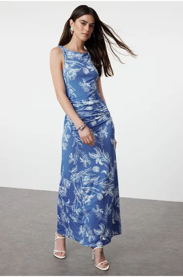 Trendyol Blue Floral Column Maxi Dress