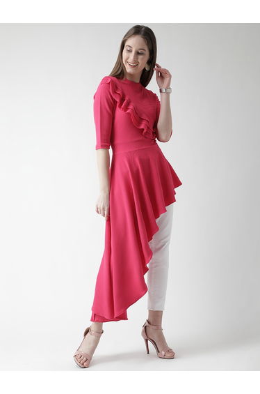 Solid Ruffle Detail High-Low Hem Top