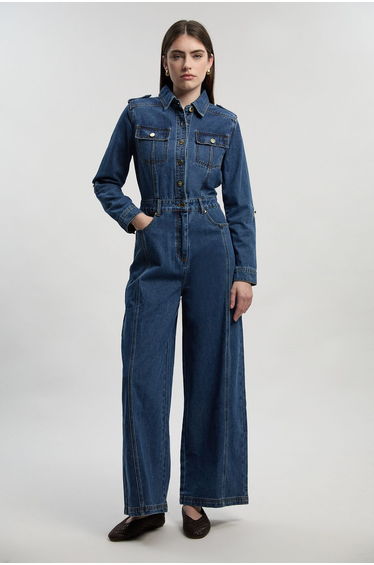 Petite Denim Boiler Wide Leg Jumpsuit