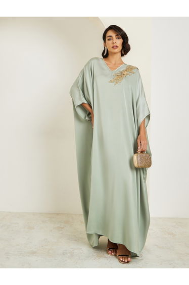 Women Green Embellished Satin Kaftan