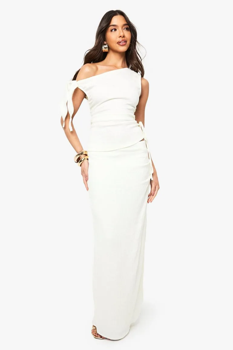 Textured Gathered Maxi Skirt - cream - 2