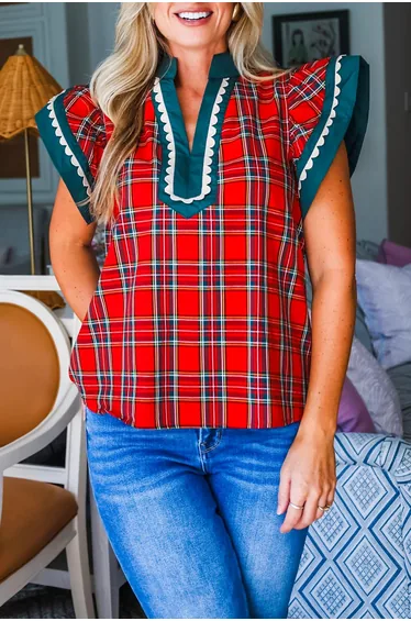 Lvness Red Plaid V Neck Short Sleeve Shift Blouse