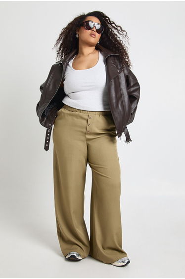 Plus Elasticated Waist Wide Leg Trouser - khaki