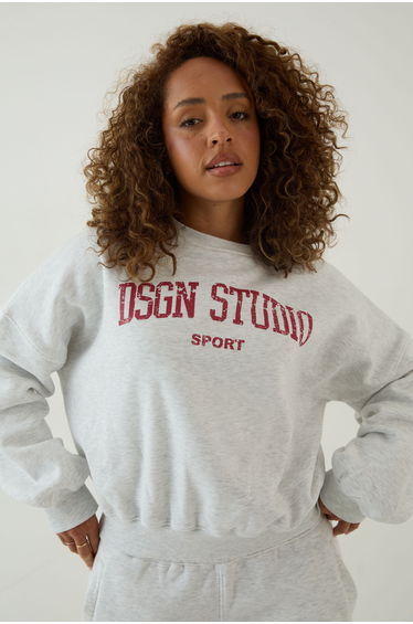 DSGN Studio Collegiate Printed Balloon Sleeve Crew Neck Sweatshirt - ash grey