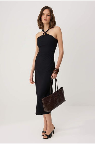 Black Plain A-Line Halter Tie-Detail Sleeveless Midi Paper Touch Knitted Dress
