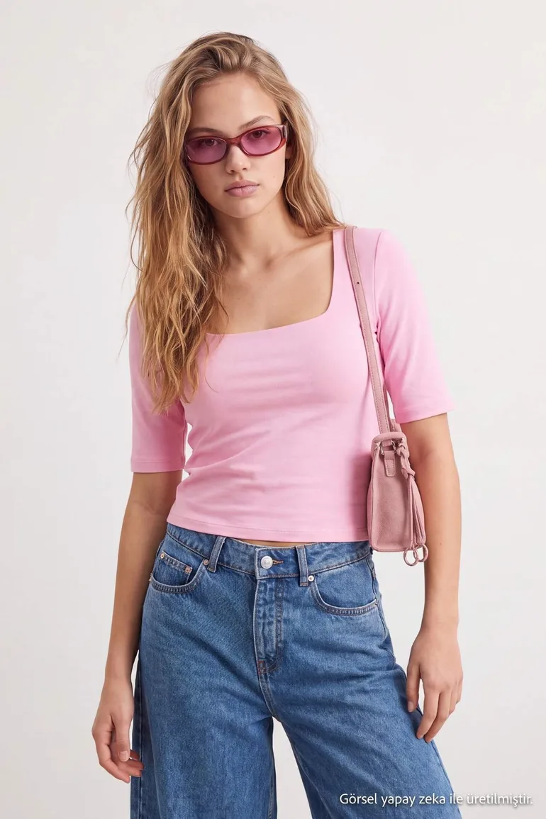 Light Pink Plain Fitted/Square Neck Crop/Short Tie Detail Knitted Blouse - 3