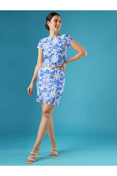 Blue Printed Side Ruched Top and Skirt Co-Ords