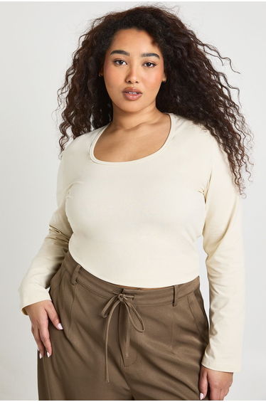 Plus Basic Square Neck Long Sleeve Top - stone