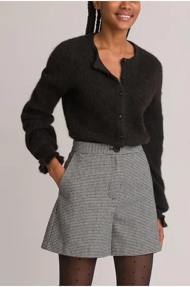 Alpaca Mix Cardigan with Ruffled Cuffs and Crew Neck