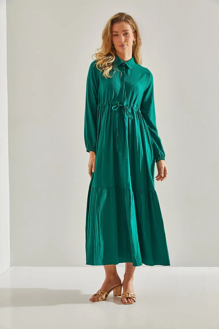 Women's Waist Pleated Buttoned Collar Long Hijab Flared Dress - 4