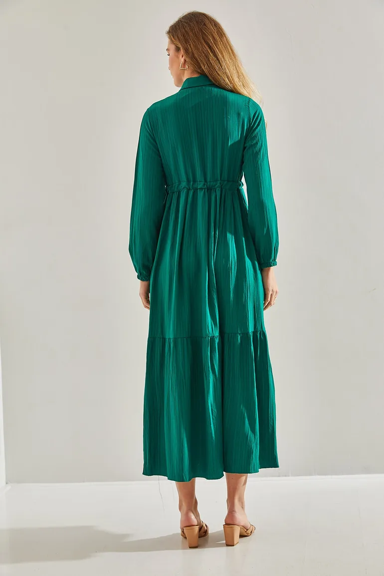 Women's Waist Pleated Buttoned Collar Long Hijab Flared Dress - 3