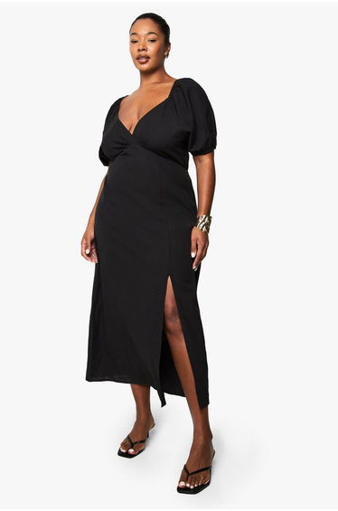 Plus Linen Look Tie Back Puff Sleeve Midaxi Dress - black