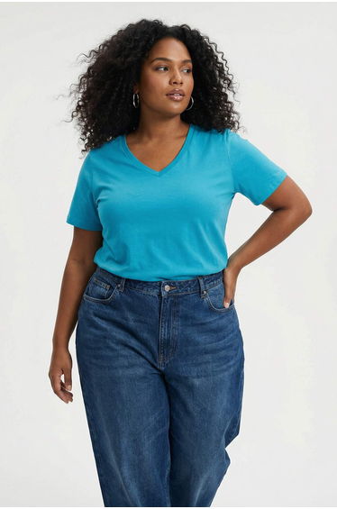Petrol V-Neck Basic 100% Cotton Knitted T-Shirt
