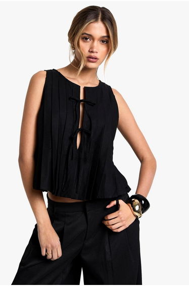 Linen Look Pleated Tie Front Smock Top - black