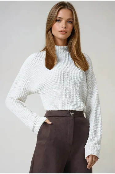 Women's Ecru Mock Neck Batwing Sleeve Wrap Blouse