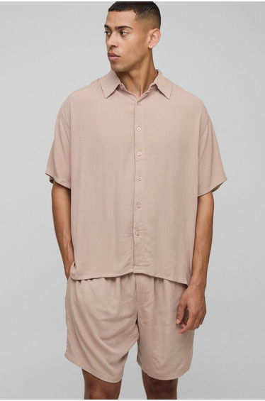 Oversized Short Sleeve Woven Shirt & Short Set - stone