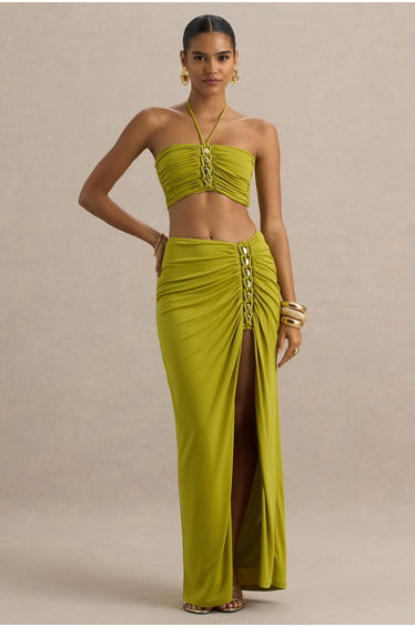 Coastline | Green Ruched Maxi Skirt With Split