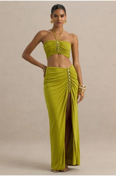 Coastline | Green Ruched Maxi Skirt With Split